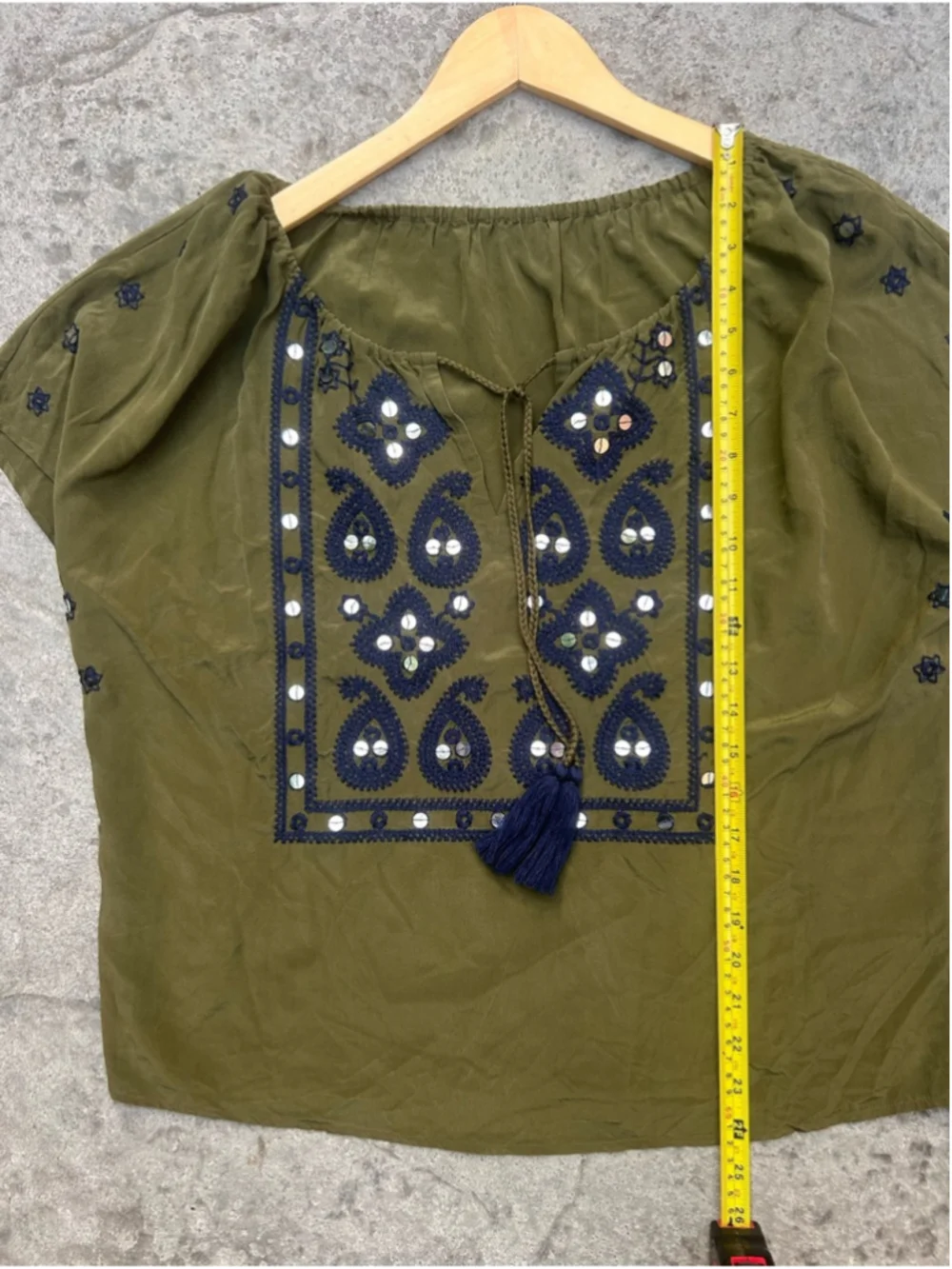 Tory Burch 100% Silk Embroidered Mirror Peasant Blouse Olive Green Boho Festival